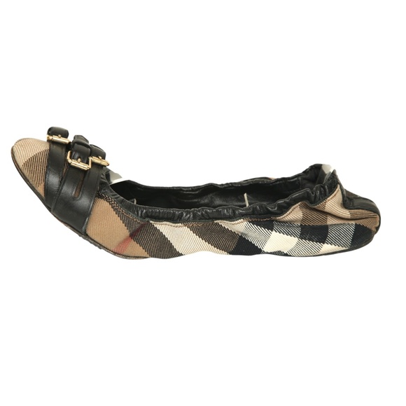 BURBERRY Flats Ballerina NOVA Check Fabric Elasticized Buckles Leather Ballet 37 - Picture 2 of 13
